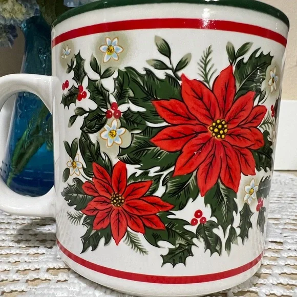 Rare Vintage Lefton China Christmas Poinsettia Ceramic Mug Estate EUC 1988 - Picture 8 of 11